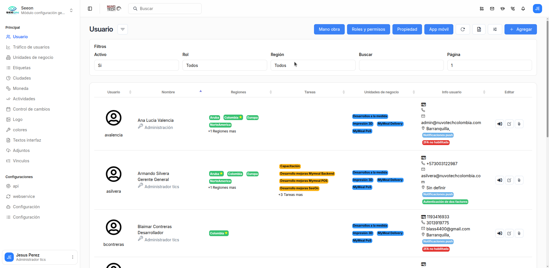 Listado de usuarios en Configuración