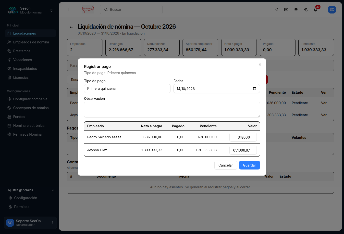 Registrar pago de la primera quincena