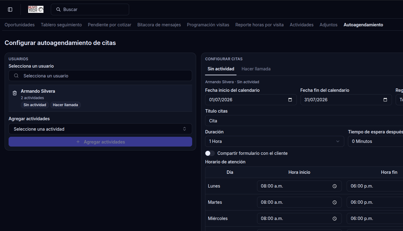 Configuración de autoagendamiento de citas