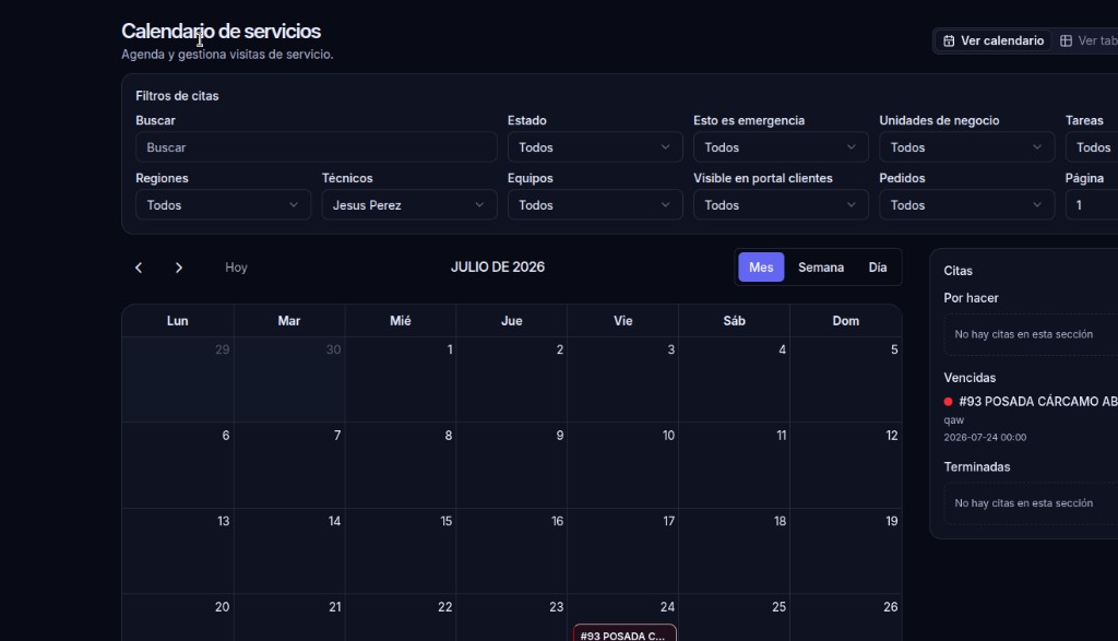 Calendario de servicios con filtros, vista mensual y panel de citas