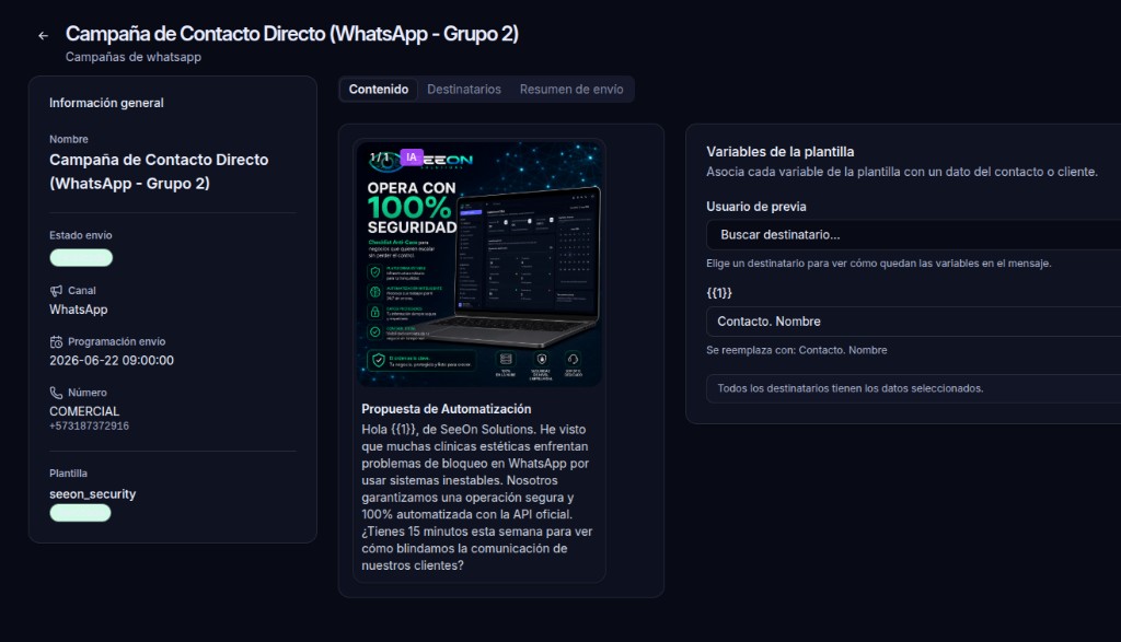 Detalle de campaña WhatsApp con contenido, destinatarios y variables de plantilla