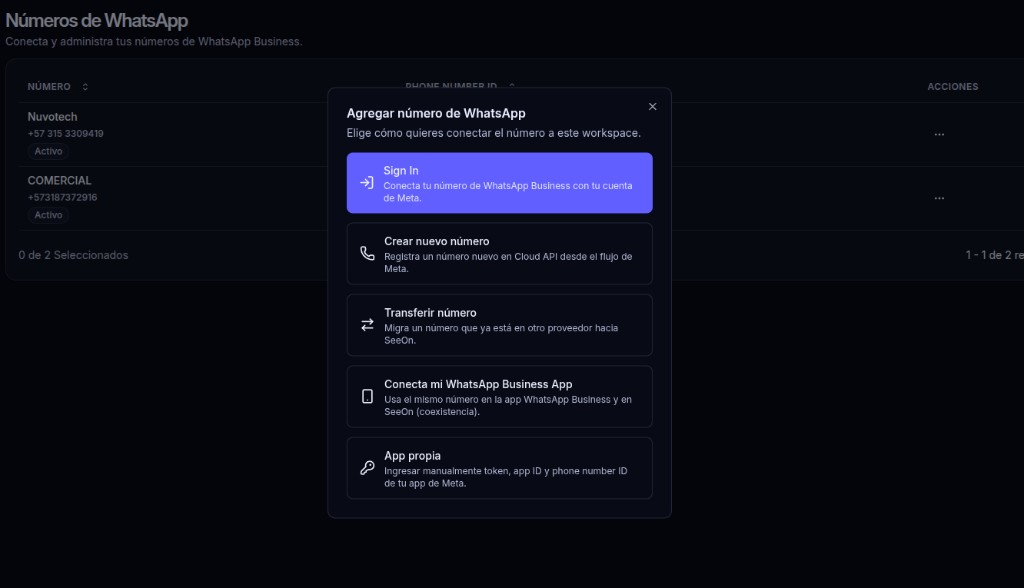 Modal para agregar número de WhatsApp con modos de conexión